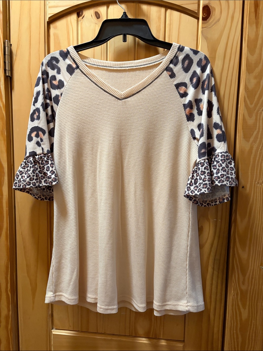 Women's Beige Waffle Knit Top with Leopard Print Sleeves